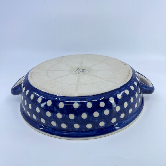 vintage polish pottery round casserole with handles "polka dot" pattern handcraf - Picture 4 of 6